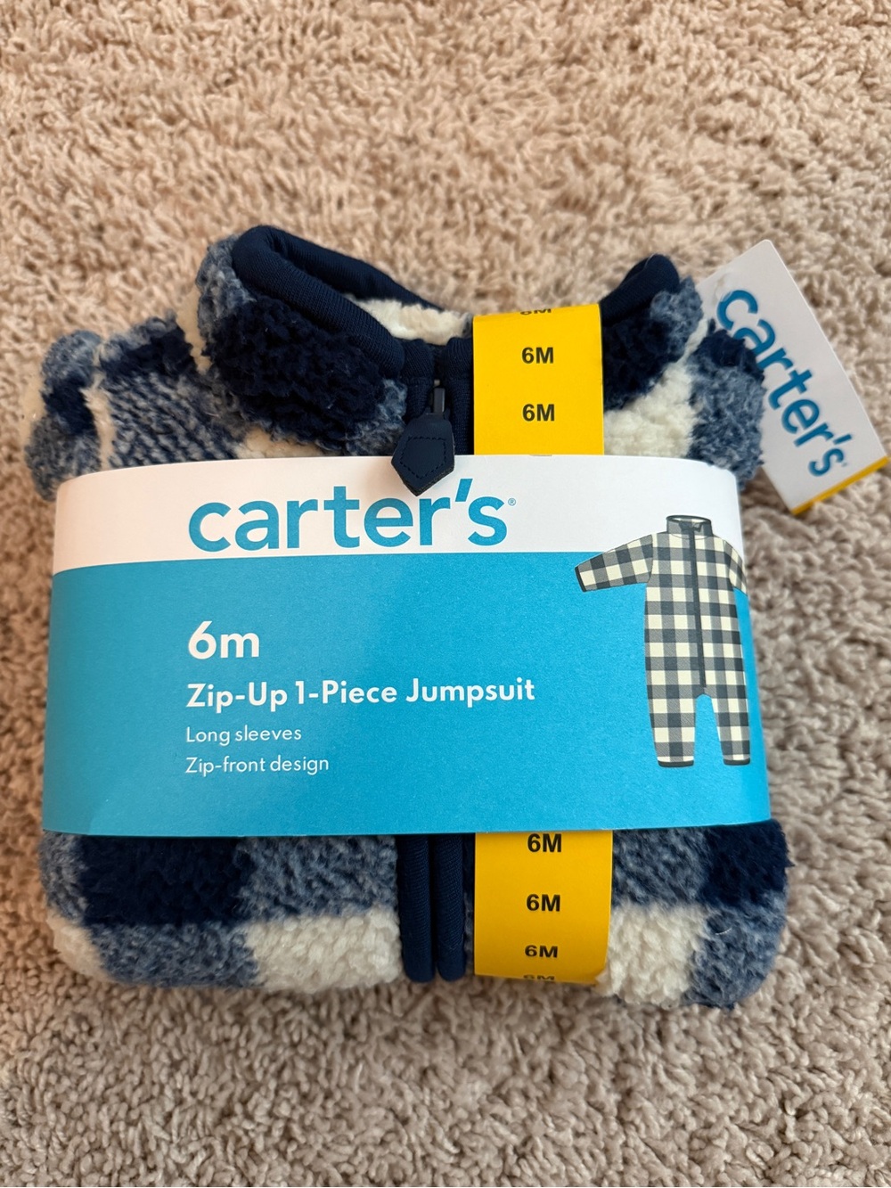 Carter's Navy and White Plaid Fleece Zip Footless Jumpsuit